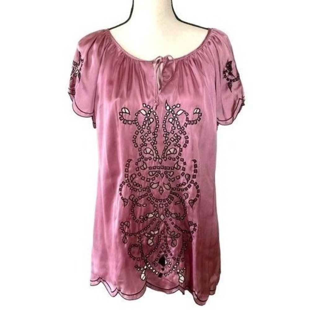 Lucca mauve openwork embroidery short sleeves blouse women Medium